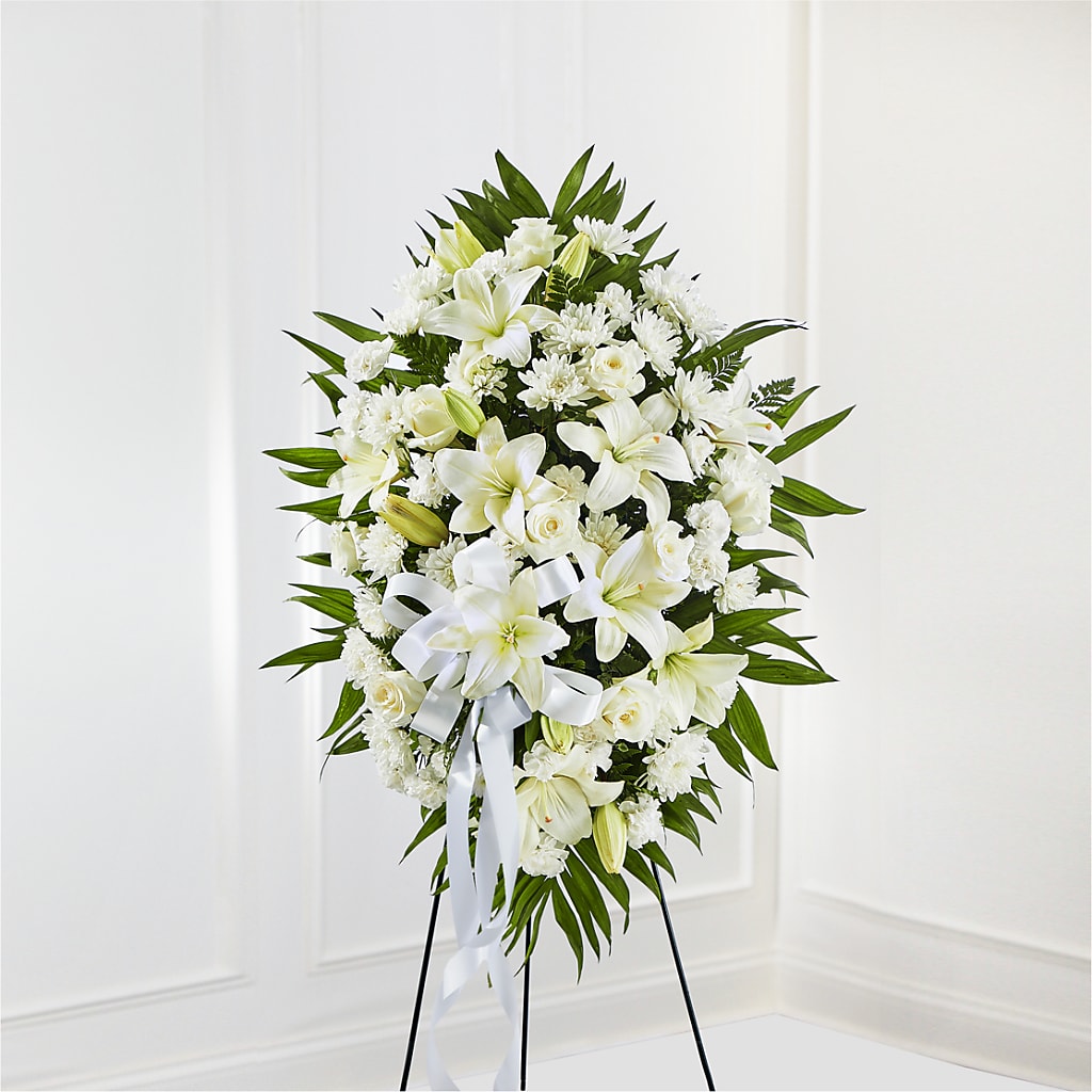 Exquisite Tribute Standing Spray-White Ribbon – Oak Ridge Floral Company Llc, Oak Ridge TN